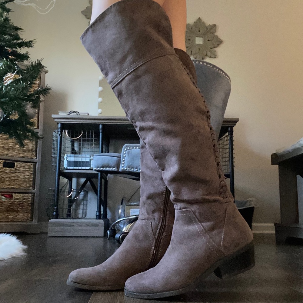 Taupe Suede Knee High Boots